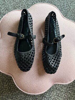 Black Woven Mary Jane Ballet Flats Faux Leather Bronze Buckle Size 7.5 Fits 8